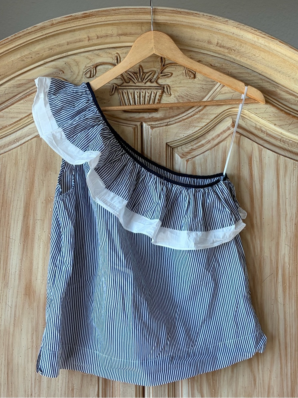 J. Crew Blue and White Striped One Shoulder Top Ruffle Size 8 100% Cotton